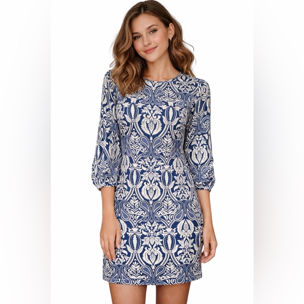 Love Culture Elegant Blue and Cream Long Sleeve Dress